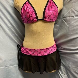 G Pink and Black Fabric 3pc Thong Bikini Set